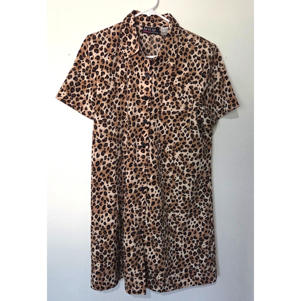 MHM Melissa Harper Vintage Leopard Cheetah Print Shirt Dress Button Down Size 8